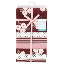 Hudson Baby Infant Girl Cotton Flannel Receiving Blankets Bundle, Burgundy Floral, One Size