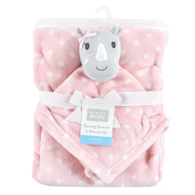Hudson Baby Infant Girl Plush Blanket With Security Blanket, Rhino, One Size