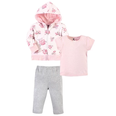 Hudson Baby Infant And Toddler Girl Cotton Hoodie, Bodysuit Or Tee Top And Pant Set, Pink Floral Toddler - Image 2