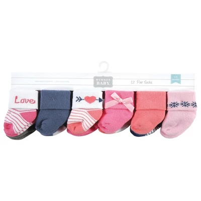 Hudson Baby Infant Girl Cotton Rich Newborn And Terry Socks, Love 12-Pack