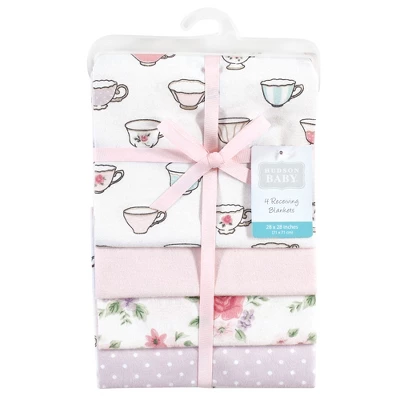 Hudson Baby Infant Girl Cotton Flannel Receiving Blankets, Tea Party, One Size