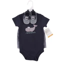 Hudson Baby Infant Boy Cotton Bodysuit, Shorts And Shoe 3pc Set, Sailor Whale