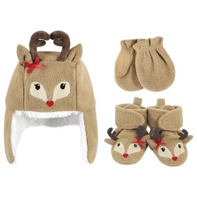 Hudson Baby Infant Girl 6Pc Trapper Hat, Mitten And Bootie Set, Green Elf Girl Reindeer - Image 2