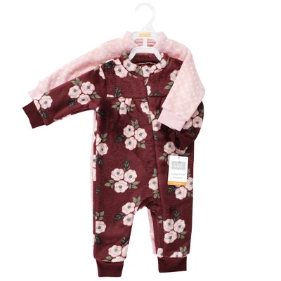 Hudson Baby Toddler Girls Plush Jumpsuits, Burgundy Floral