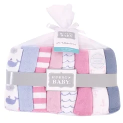 Hudson Baby Infant Girl Rayon From Bamboo Washcloth Bundle, Pink Whale, One Size