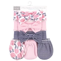 Hudson Baby Infant Girl Cotton Headband And Scratch Mitten 6pc Set, Navy Pink Floral, 0-6 Months