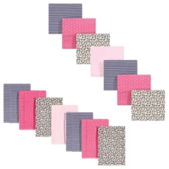 Hudson Baby Infant Girl Cotton Flannel Burp Cloths And Receiving Blankets, 14-Piece, Leopard, One Size