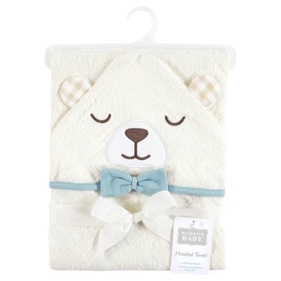 Hudson Baby Unisex Baby Cotton Animal Face Hooded Towel, Gingham Bear Boy, One Size