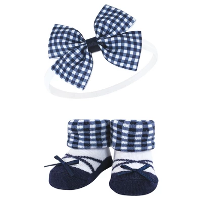 Hudson Baby Infant Girl Headband And Socks Giftset, Navy Gingham, One Size - Image 2