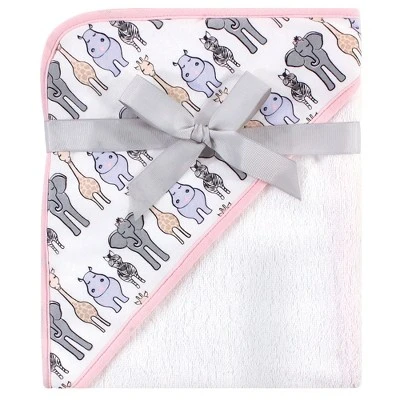 Hudson Baby Infant Girl Cotton Hooded Towel And Washcloth 2pc Set, Pink Safari, One Size - Image 2