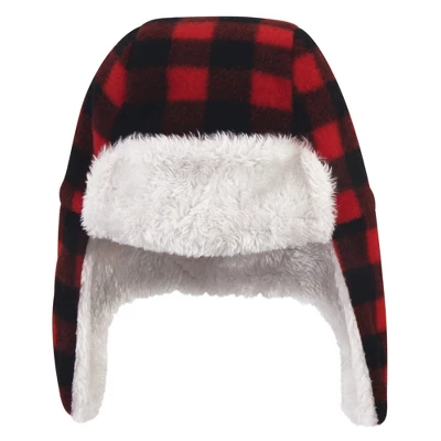 Hudson Baby Infant And Toddler Fleece Trapper Hat And Mitten 2pc Set, Black Red Plaid - Image 2