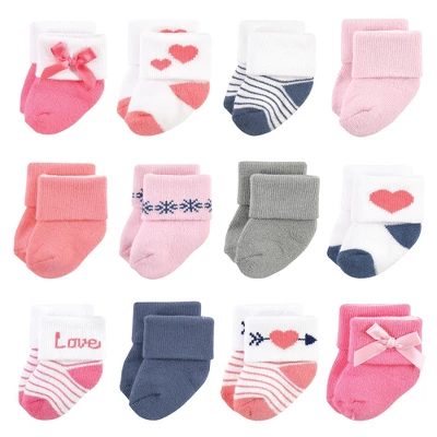 Hudson Baby Infant Girl Cotton Rich Newborn And Terry Socks, Love 12-Pack - Image 9