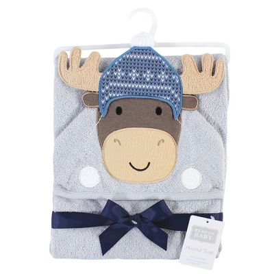 Hudson Baby Infant Boy Cotton Animal Face Hooded Towel, Winter Moose, One Size