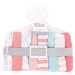 Hudson Baby Infant Girl Rayon From Bamboo Washcloth Bundle, Coral Flamingo, One Size