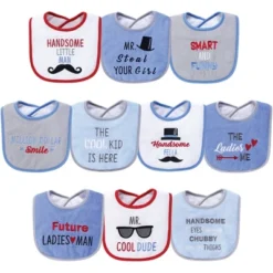 Hudson Baby Infant Boy Cotton Terry Drooler Bibs With Fiber Filling 10pk, Handsome Eyes, One Size