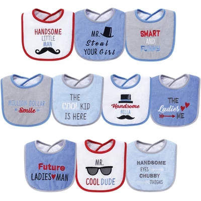 Hudson Baby Infant Boy Cotton Terry Drooler Bibs With Fiber Filling 10pk, Handsome Eyes, One Size