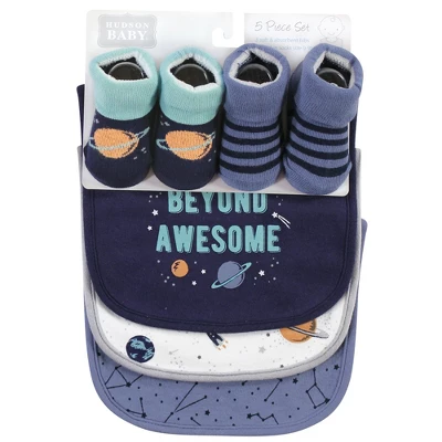 Hudson Baby Unisex Baby Cotton Bib And Sock Set, Space, One Size