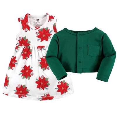 Hudson Baby Infant And Toddler Girl Cotton Dress And Cardigan Set, Poinsettia - Image 2