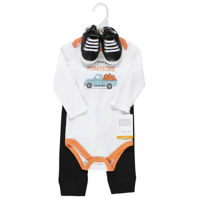 Hudson Baby Infant Boy Cotton Bodysuit, Pant And Shoe Set, Pumpkin Truck