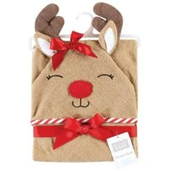 Hudson Baby Infant Girl Cotton Animal Face Hooded Towel, Girl Holiday Reindeer, One Size