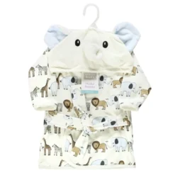 Hudson Baby Unisex Baby Cotton Rich Bathrobe, Cream Elephant Safari, 0-9M