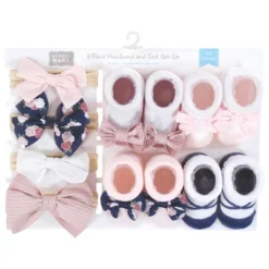 Hudson Baby Infant Girl Headband And Socks Giftset, Blue Blush Floral, One Size