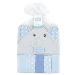 Hudson Baby Infant Boy Hooded Towel And Five Washcloths, White Dots Gray Elephant, One Size