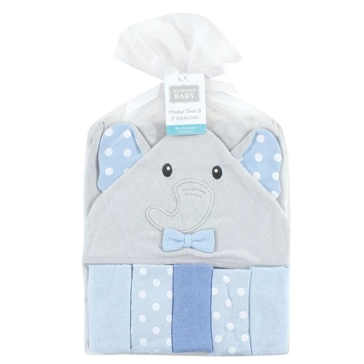 Hudson Baby Infant Boy Hooded Towel And Five Washcloths, White Dots Gray Elephant, One Size