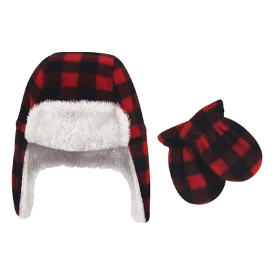 Hudson Baby Infant And Toddler Fleece Trapper Hat And Mitten 2pc Set, Black Red Plaid - Image 3