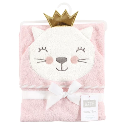 Hudson Baby Infant Girl Cotton Animal Face Hooded Towel, Cat Princess, One Size