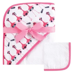 Hudson Baby Infant Girls Cotton Hooded Towel And Washcloth 2pc Set, Fancy Flamingo