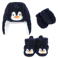 Hudson Baby 6Pc Trapper Hat, Mitten And Bootie Set, Navy Penguin Reindeer
