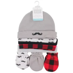 Hudson Baby Infant Boy Cotton Cap And Scratch Mitten 8pc Set, Mustache, 0-6 Months