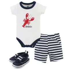 Hudson Baby Infant Boy Cotton Bodysuit, Shorts And Shoe 3pc Set, Lobster