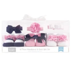 Hudson Baby Infant Girl Headband And Socks Giftset 6pc, Navy White, One Size