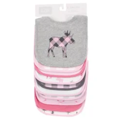 Hudson Baby Infant Girl Cotton Bibs, Pink Plaid Moose, One Size