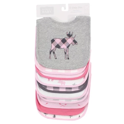 Hudson Baby Infant Girl Cotton Bibs, Pink Plaid Moose, One Size