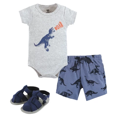Hudson Baby Infant Boy Cotton Bodysuit, Shorts And Shoe Set, Dino Roar - Image 7