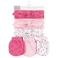 Hudson Baby Infant Girl Cotton Headband And Scratch Mitten 6pc Set, Navy Hearts, 0-6 Months