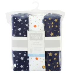 Hudson Baby Unisex Baby Quilted Cotton Swaddle Wrap 3pk, Metallic Stars, 0-3 Months