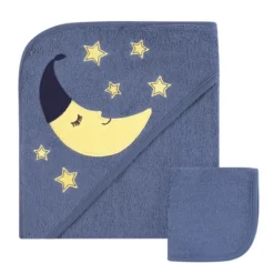 Hudson Baby Infant Boy Cotton Hooded Towel And Washcloth 2pc Set, Moon, One Size