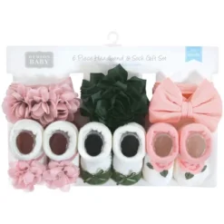 Hudson Baby Infant Girl Headband And Socks Giftset, Pink Green, One Size