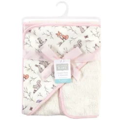 Hudson Baby Infant Girl Cotton Hooded Towel And Washcloth 2pc Set, Enchanted Forest, One Size