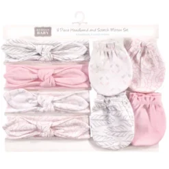 Hudson Baby Infant Girl Cotton Headband And Scratch Mitten Set, Gray Feather, 0-6 Months