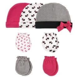 Hudson Baby Infant Girl Cotton Cap And Scratch Mitten 7pc Set, Scottie Dog, 0-6 Months