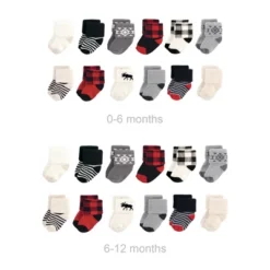 Hudson Baby Infant Boy Grow With Me Cotton Terry Socks, Buffalo Plaid Moose, 0-6 And 6-12 Months