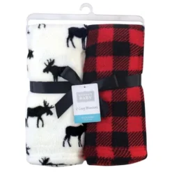 Hudson Baby Infant Boy Silky Plush Blanket, Buffalo Plaid Moose, 30x36 Inches