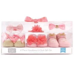 Hudson Baby Infant Girl Headband And Socks Giftset 6pc, Coral Gold, One Size