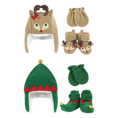 Hudson Baby Infant Girl 6Pc Trapper Hat, Mitten And Bootie Set, Green Elf Girl Reindeer - Image 3
