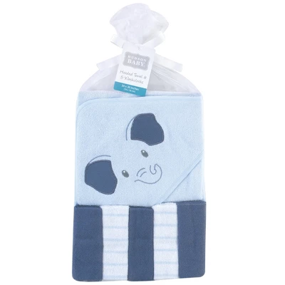 Hudson Baby Infant Boy Hooded Towel And Five Washcloths, Blue Elephant, One Size
